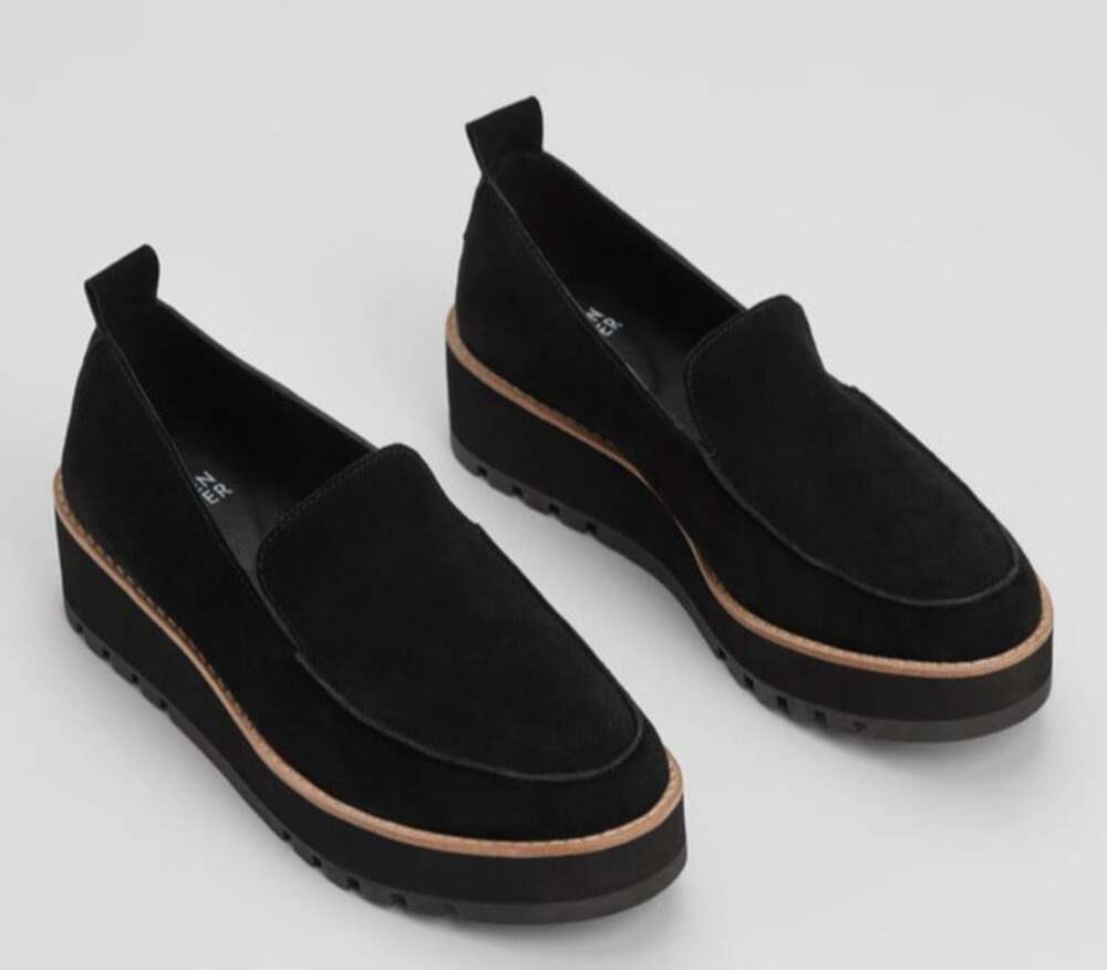 Eileen Fisher Suede Black Ells Platform Loafers Almond Toe Contrast Welt Sz 10